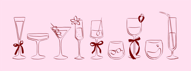 Hand drawn coquette drinks and cocktails. Cute glasses with ribbon and bow for menu in crayon and sketch style. Trendy art for bachelorette party and wedding invitations. Doodle vector illustration