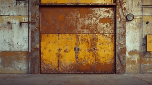 A weathered industrial building with large yellow metal doors - Powered by Adobe