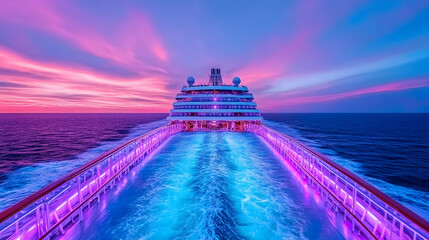 Luxury cruise ship at sunset, illuminated water