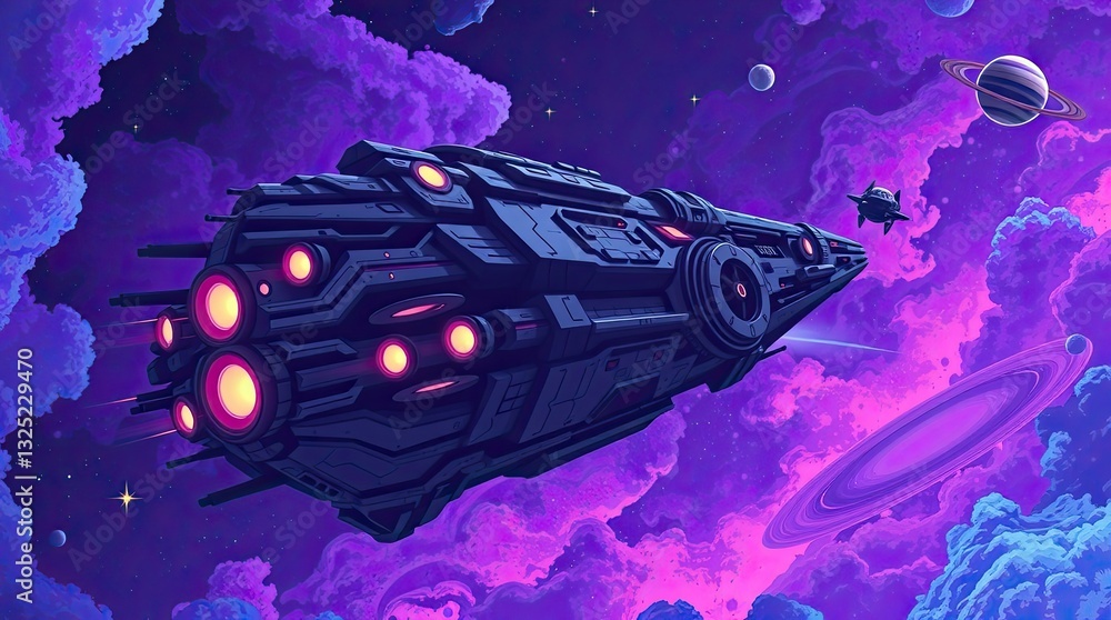 Poster a sleek futuristic spaceship sails through colorful cosmic clouds adorned with planets and stars in 