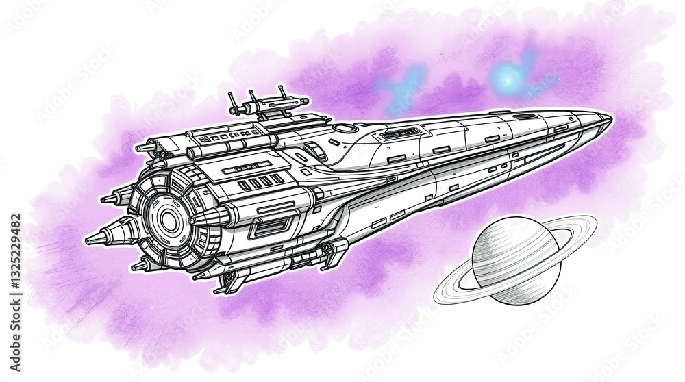 Poster a sleek spaceship navigates the vastness of space set against a stunning purple background with a cl