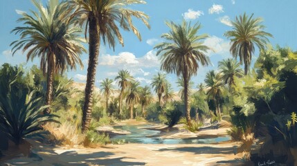 A scenic desert landscape with palm trees and clear water