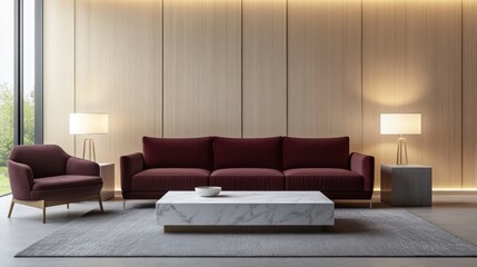 A minimalist modern living room with a muted burgundy sofa and armchair, paired with a white marble coffee table against a light wood panel wall