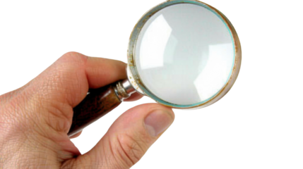 Hand holding magnifying glass on transparent background, searching and discovering