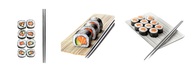 Delicious Various Types of Sushi on Bamboo Mats with Chopsticks