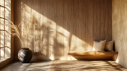 A rustic backdrop woven from the natural fibers of bamboo, rattan, or palm leaves, evoking a sense of warmth, texture, and organic beauty.