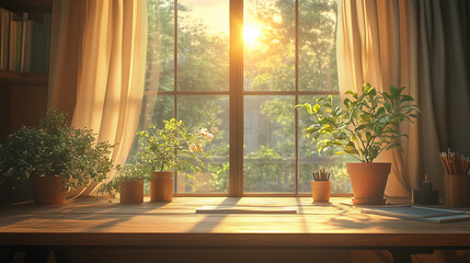 Fototapeta premium A bright, cozy indoor workspace with a wooden desk and potted plants sits in front of a large window. Sunlight streams in, illuminating the room and creating a warm, inviting atmosphere.