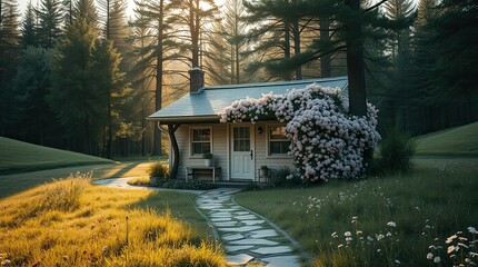 A charming cottage nestled in a lush forest glows in the warm light of sunset adorned with vibrant flowers and a winding stone path leading to the door