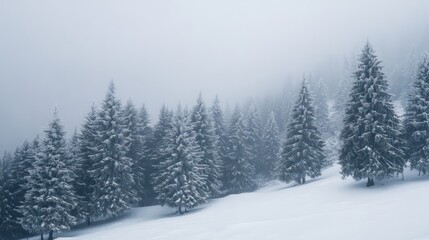 Fototapeta premium Snowy hillside with frosted evergreen trees in a misty landscape