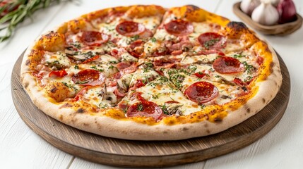 Delicious Pepperoni Pizza on Wooden Board with Fresh Ingredients, Capturing the Essence of Italian Cuisine and Culinary Artistry.