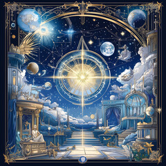 An artistic illustration, seemingly created with AI, shows a world full of stars and celestial beings. It likely represents art, religion, and architecture, perfect for adding keywords.

