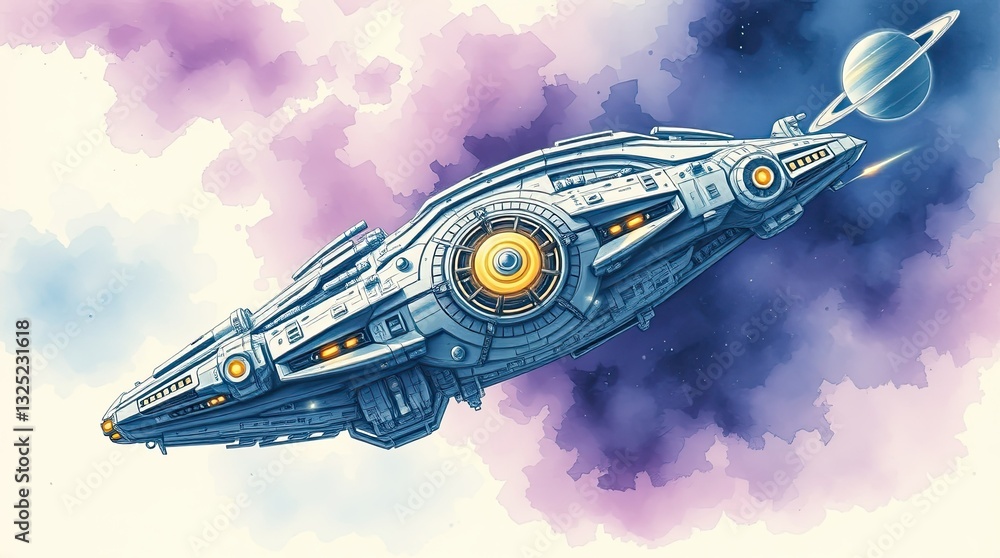 Poster a futuristic spaceship navigates through a captivating cosmic environment filled with vibrant colors