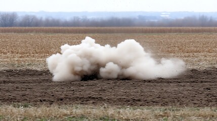 Fototapeta premium Dust cloud explosion in a plowed field with a distant view