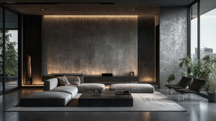 A stark, monochromatic canvas, a dark and brooding cement wall, serves as the backdrop, while a minimalist studio room, bathed in the ethereal glow of a soft light source, adds a touch of elegance.