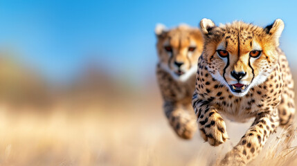 Obraz premium Cheetahs sprinting across grassy plain, showcasing their speed and agility while chasing prey