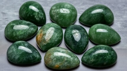 Polished Green Jade Cabochons Displayed on Gray Surface 