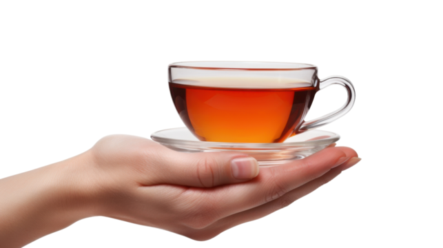 Woman hand holding a transparent glass cup of tea with transparent background
