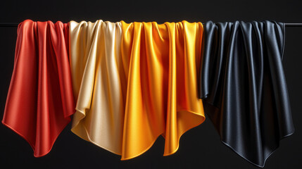 Luxurious draped fabrics in red, yellow, black, and cream colors create stunning visual display