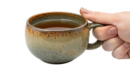 Hand holding rustic ceramic mug with hot tea on transparent background