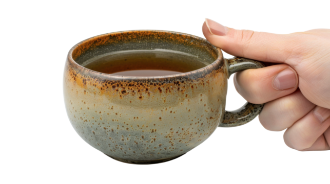 Hand holding rustic ceramic mug with hot tea on transparent background