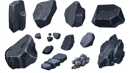 A chic cartoonstyle coal stone icon for web design, crafted as a 2D graphic with a crisp white backdrop.