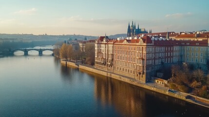 Obraz premium Prague river sunrise, castle view, aerial
