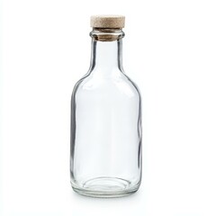 A clear glass bottle stands out against a crisp white background, showcasing its elegant design and simplicity.