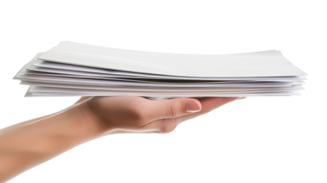 Woman hand holding stack of papers with transparent background