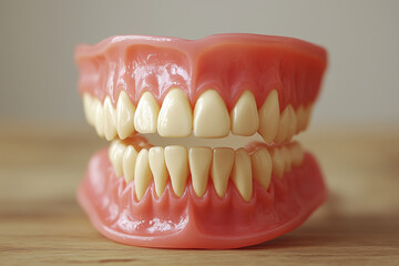 Obraz premium Set of Artificial Dentures with Realistic Teeth, Dental Prosthetics on Wooden Surface