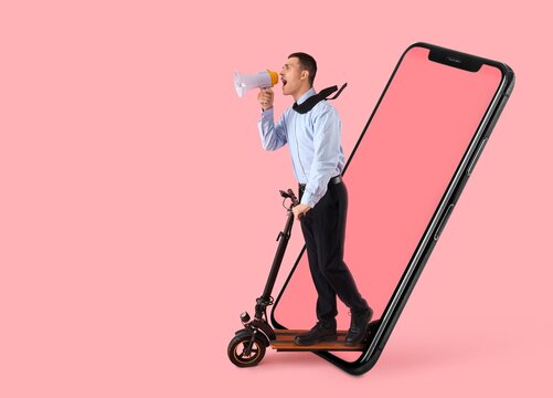 Screaming businessman with megaphone, kick scooter and big mobile phone on pink background. Banner for design