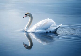 Obraz premium Elegant White Swan Gliding Gracefully on Serene Water Surface with Reflection in Calm Environment Under Soft Natural Light