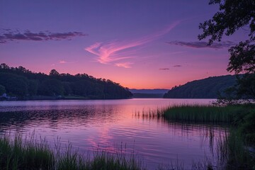 Obraz premium Peaceful Lakeside Vista at Dusk with Tranquil Purple Sunset