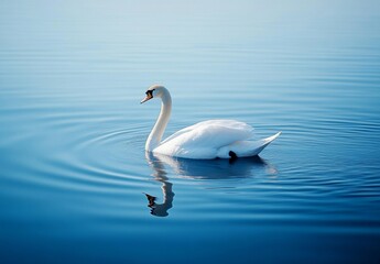 Obraz premium Elegant White Swan Swimming Gracefully on a Calm Blue Lake Surface with Gentle Ripples Reflecting the Beauty of Nature