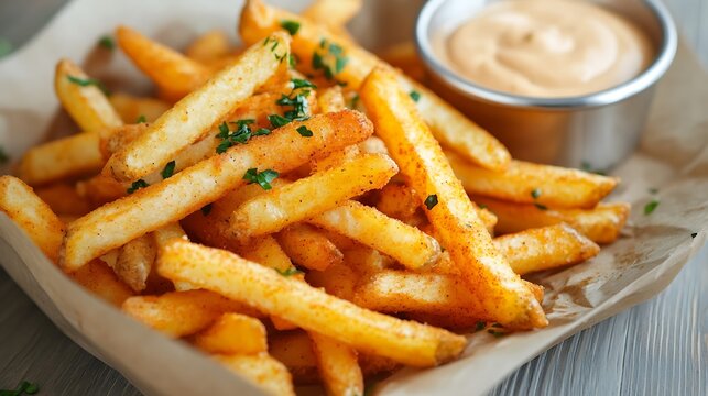 Spicy Cajun Fries Crispy French fries coated in bold Cajun seasoning, served with a creamy dipping sauce