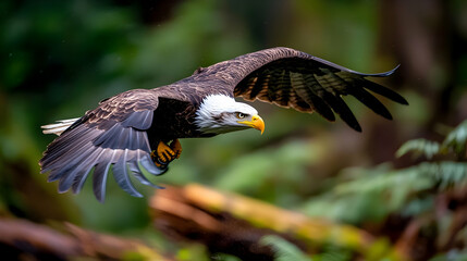 Majestic eagle soaring through lush forest
