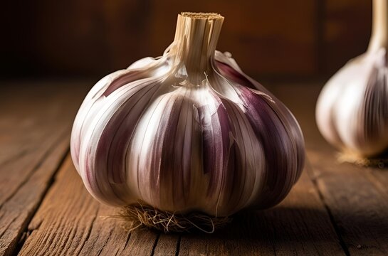 A close-up of a garlic on wooden table - Powered by Adobe