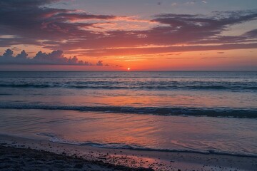 Fototapeta premium Scenic Sunset Shores: A Stunning Evening Backdrop Over Calm Ocean Waters