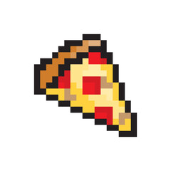 Fototapeta premium Pixel art pizza. Triangular slice shape. Brown crust detail. Yellow cheese vector.