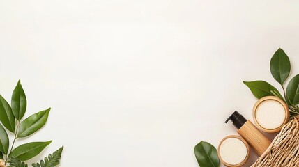 Natural Wooden Bathroom Accessories with Leaves on Soft Background for Tranquil Spa and Relaxation Vibes,3D rendering