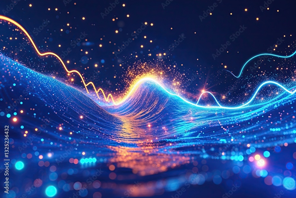 Poster dynamic energy wave on blue background featuring bright particles and tech elements