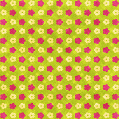 Green textured floral seamless pattern with pink and yellow blossoms, bright retro background ideal for wrapping, fabric, and cheerful craft projects.