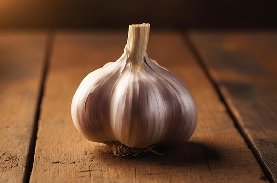 A close-up of a garlic on wooden table