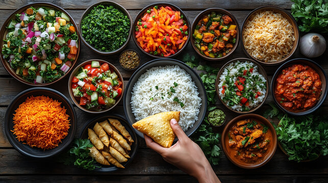 A flat lay food still presents diverse dishes in bowls. A hand holds a samosa, adding a human element to the table spread of Indian foods.