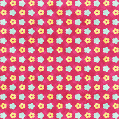 Red textured floral seamless pattern with yellow and mint flowers, bold playful background perfect for party décor, textiles, and scrapbooking.