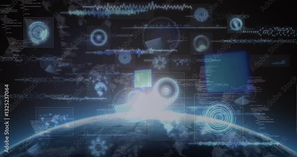 Poster digital interface with data processing animation over view of earth from space