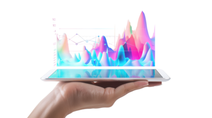 Businessman holding tablet showing colorful growing graph with transparent background