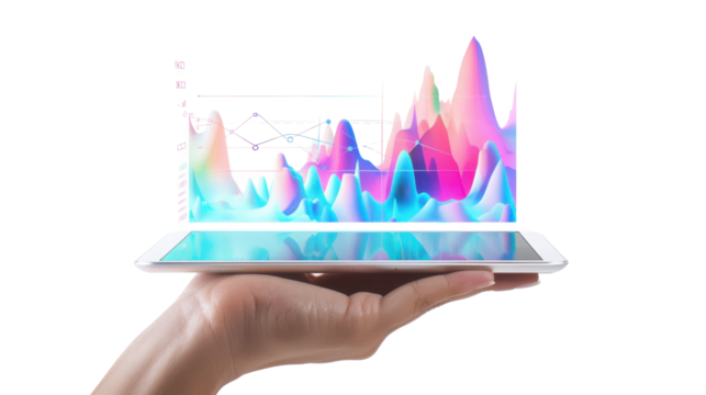 Businessman holding tablet showing colorful growing graph with transparent background