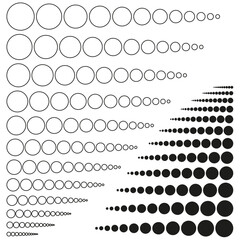 Geometric circle pattern. Abstract dot sequence. Circular scaling shape. Black white symmetry.