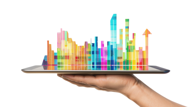 Hand holding tablet showing growing bar graph with transparent background