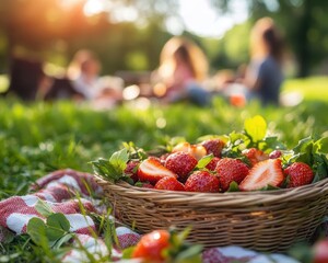 Parents and children enjoying a picnic in the park on a sunny day, Outdoor Family Time, Relaxing and fun
